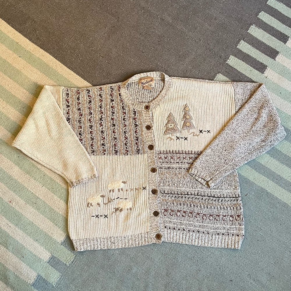 Woolrich Womens Cardigan Sweater Cotton Sheep Trees Vintage Extra Large
